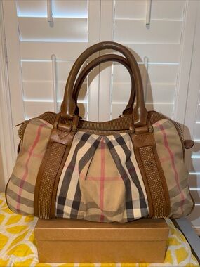BURBERRY Brown & Beige Fabric and Leather Canvas Trim